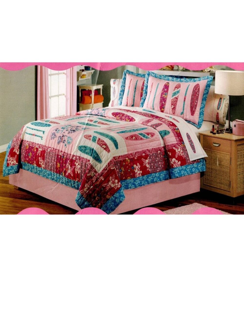 NEW~Full/Queen~100% COTTON embroidered Quilt+Sham Set~Surf girl Pink surfboards